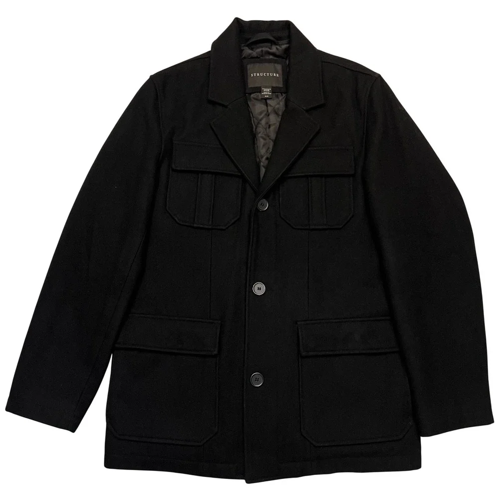 Structure Men's Black Clean Minimal Dark Academia Wool Blend Quilted Coat Size M